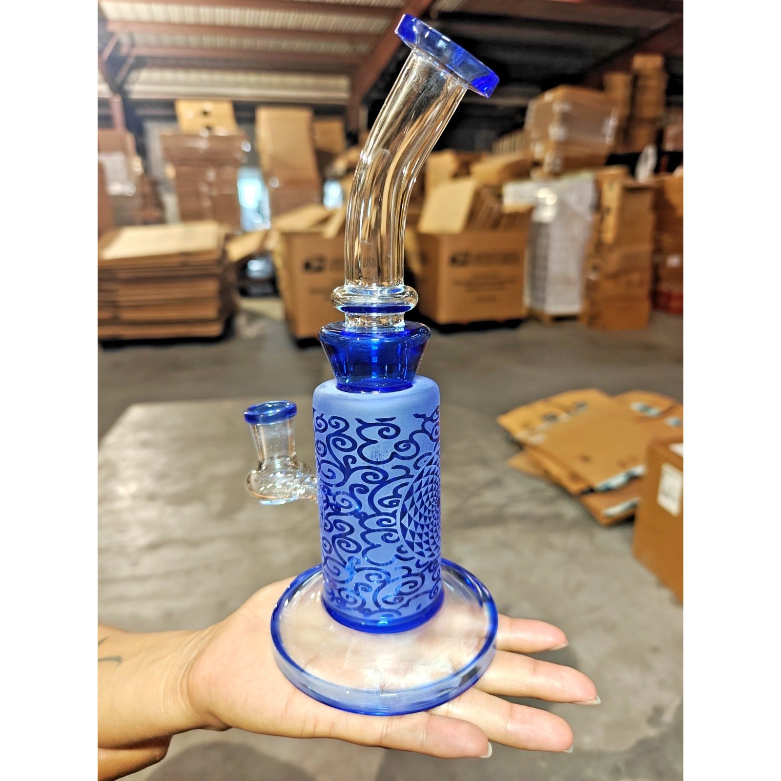 10" Carved Craft Glass Bong Water Pipe 14mm Bowl Frosted Blue – Stylish & Artist