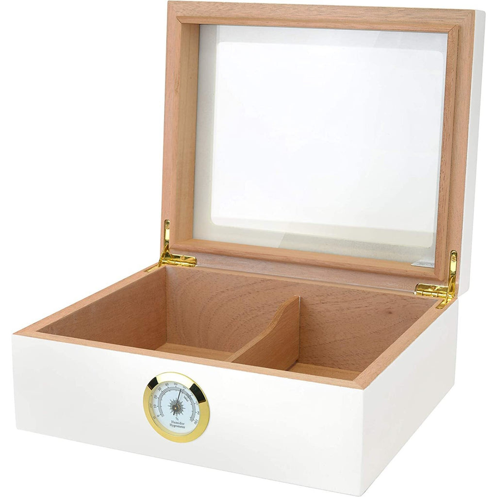 Capri Desktop Small Cigar Box Glasstop, Cedar, White - 25 to 50 Cigars