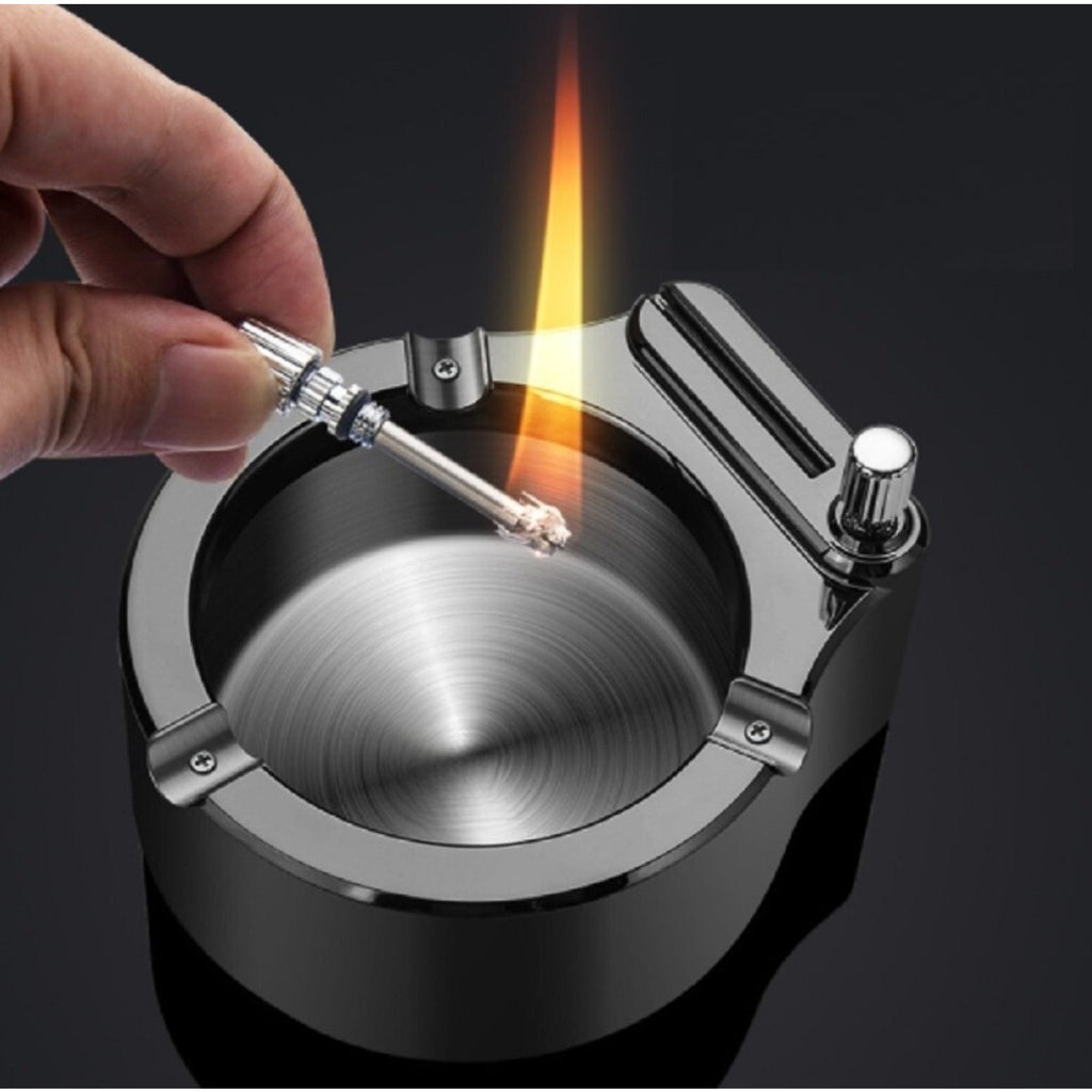 Retro Metal Ashtray w/ Match Lighter 10K Style Refillable Multi-Function Tray