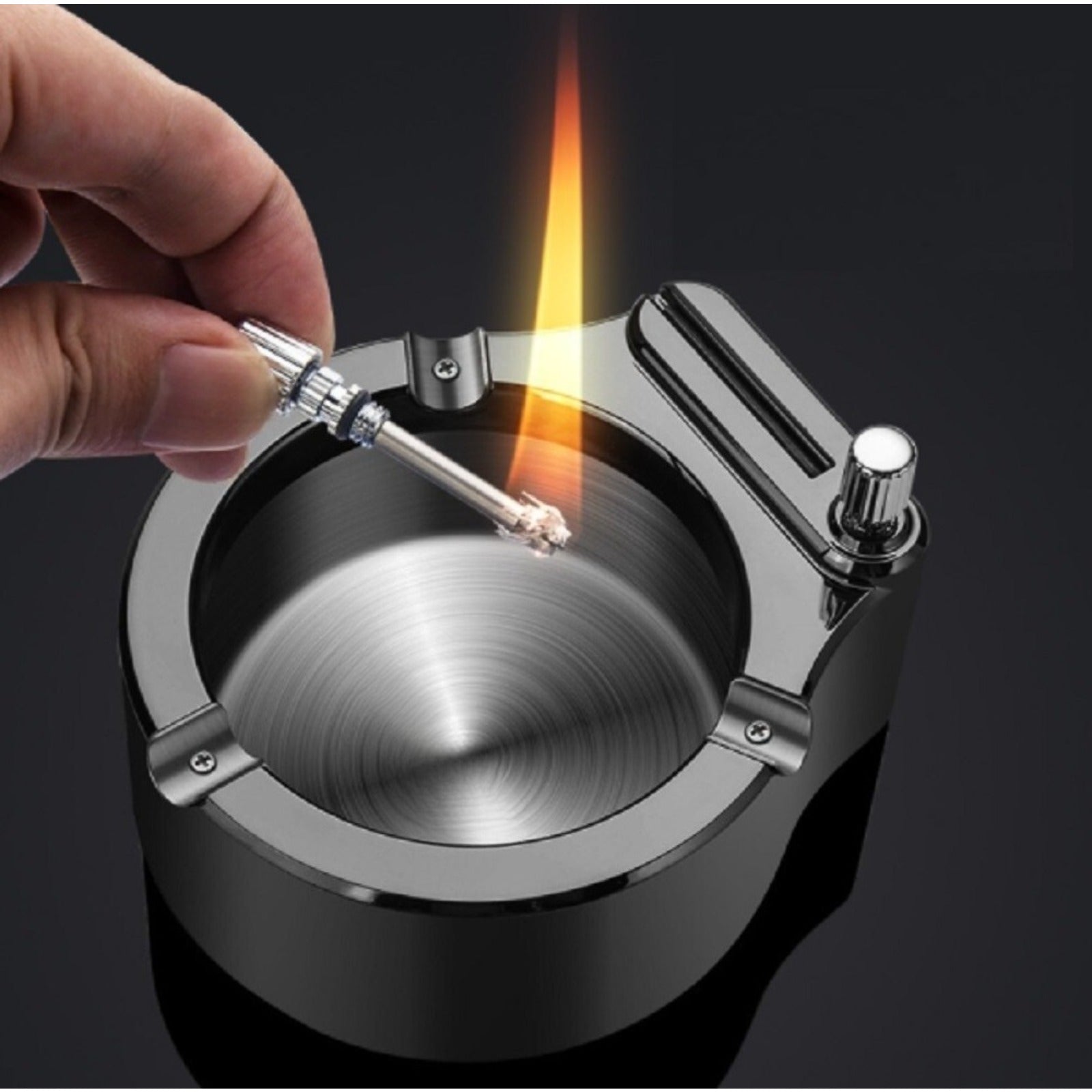 Retro Metal Ashtray w/ Match Lighter 10K Style Refillable Multi-Function Tray