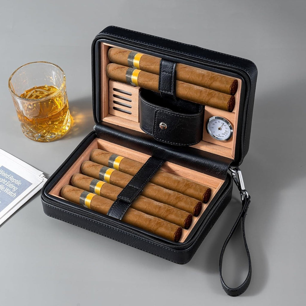 Cigar Humidor Cedar Wood Lined Leather Cigar Case Capacity 6 pcs Built in Hygrom