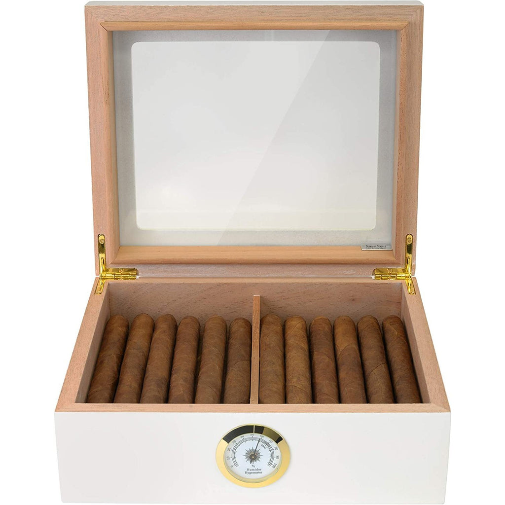 Capri Desktop Small Cigar Box Glasstop, Cedar, White - 25 to 50 Cigars