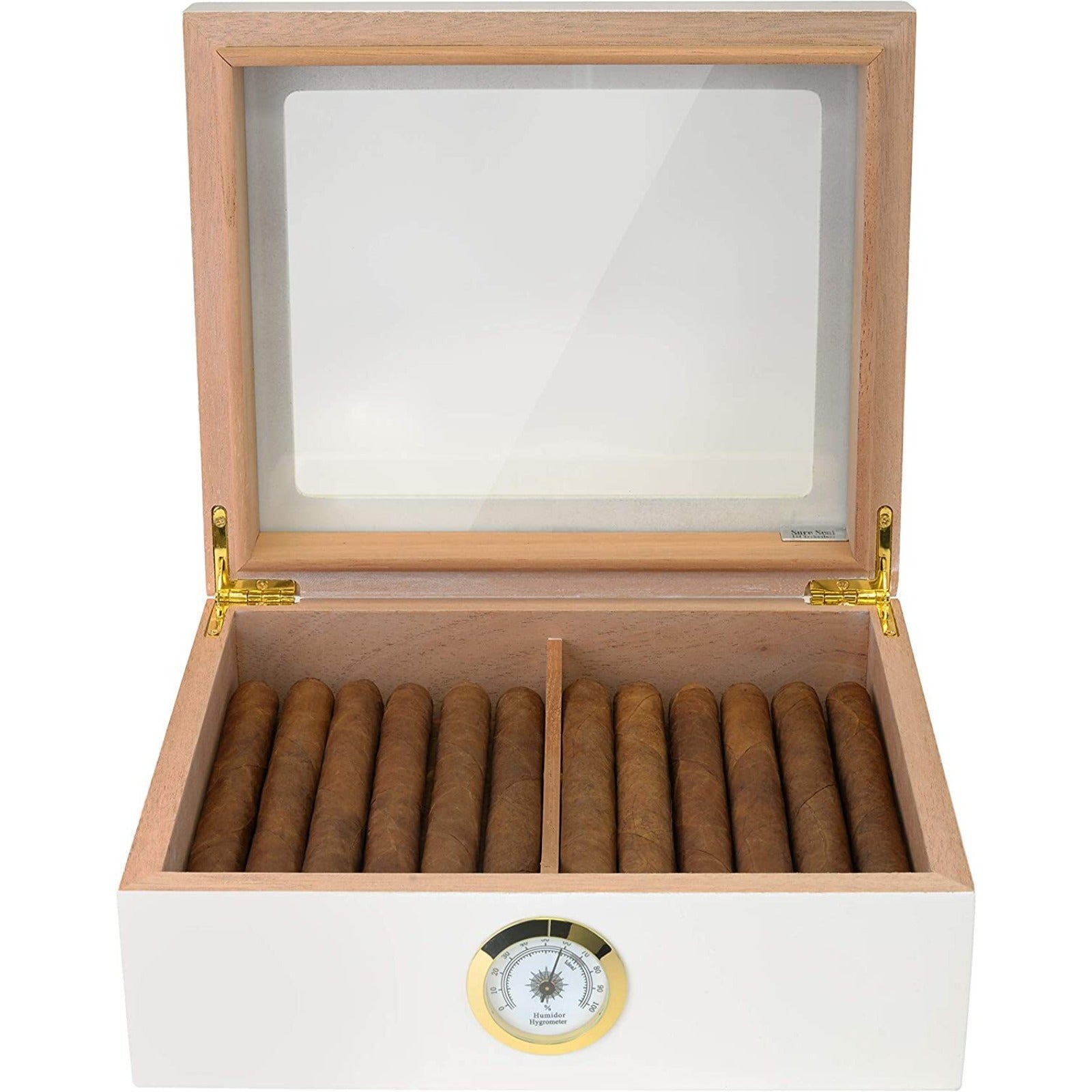 Capri Desktop Small Cigar Box Glasstop, Cedar, White - 25 to 50 Cigars