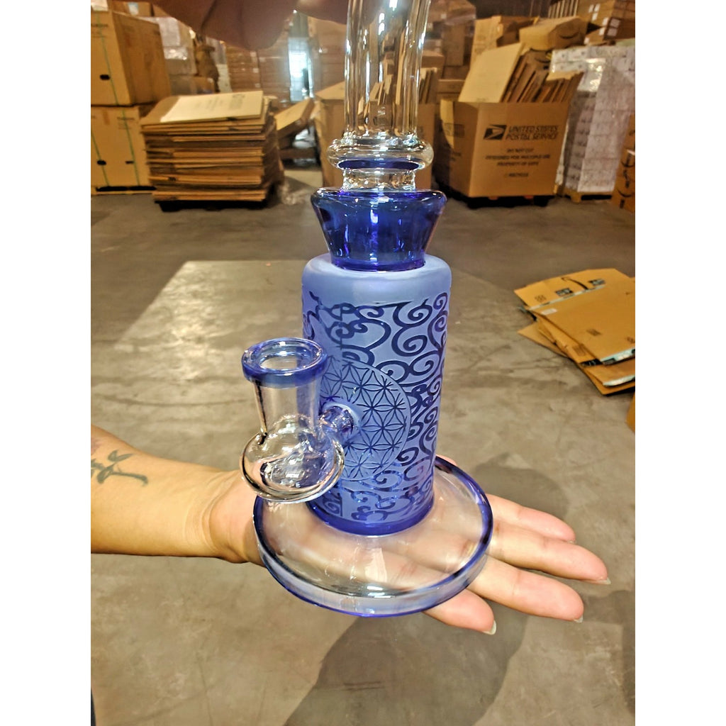 10" Carved Craft Glass Bong Water Pipe 14mm Bowl Frosted Blue – Stylish & Artist