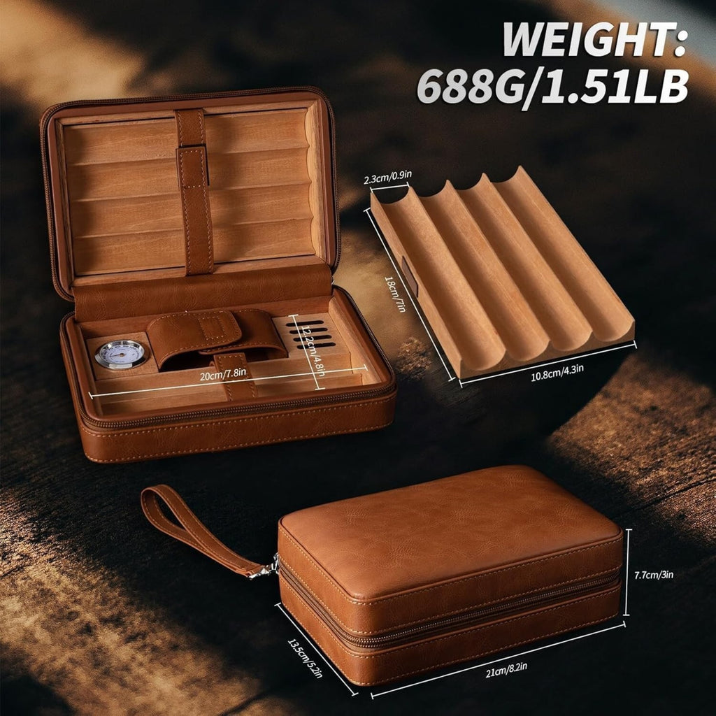 Leather Cigar Case, Portable Humidor Cigar Box With Humidifier,Capacity