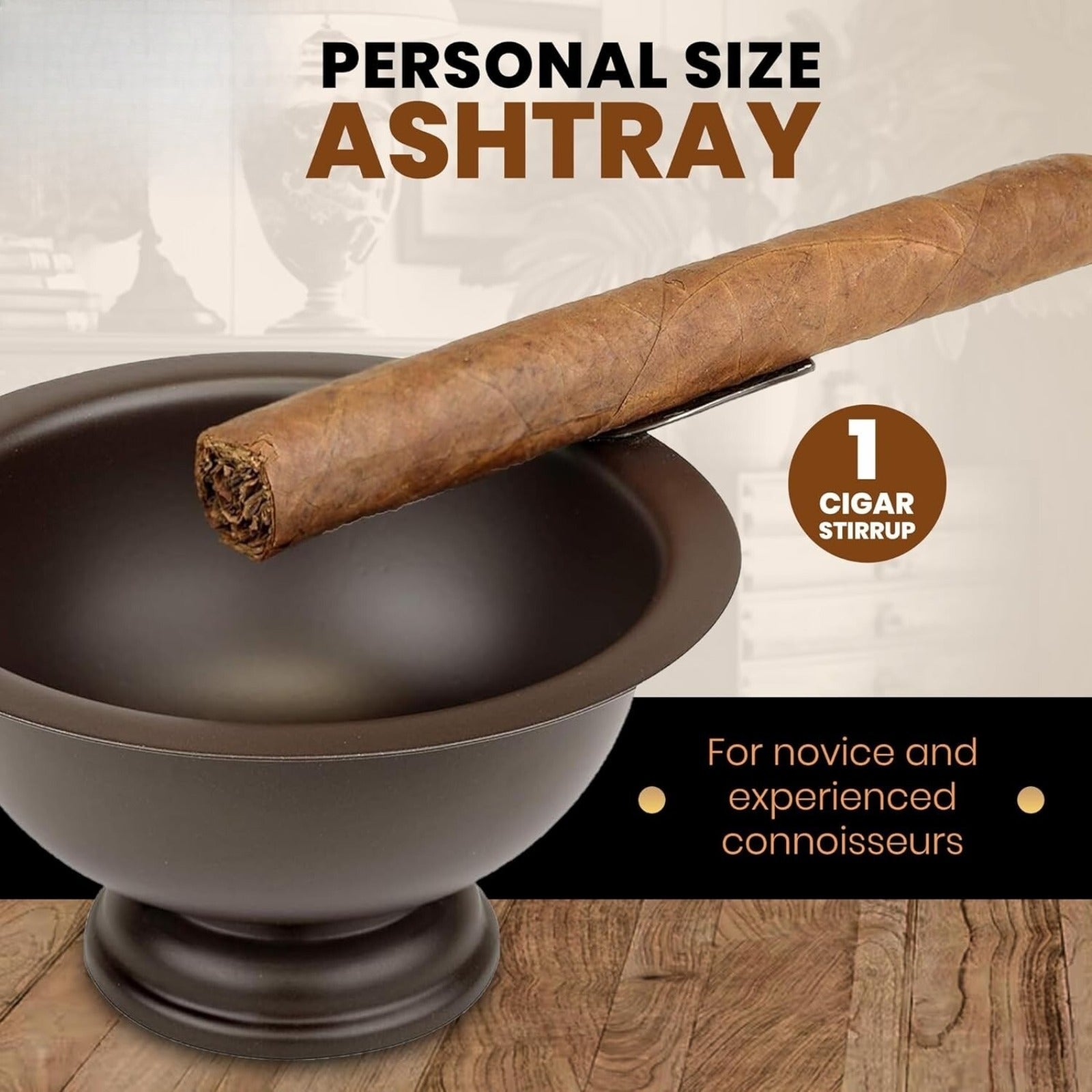 Stinky Cigar Personal Size Ashtray with 1 Stirrup, Compact, Matte Brown