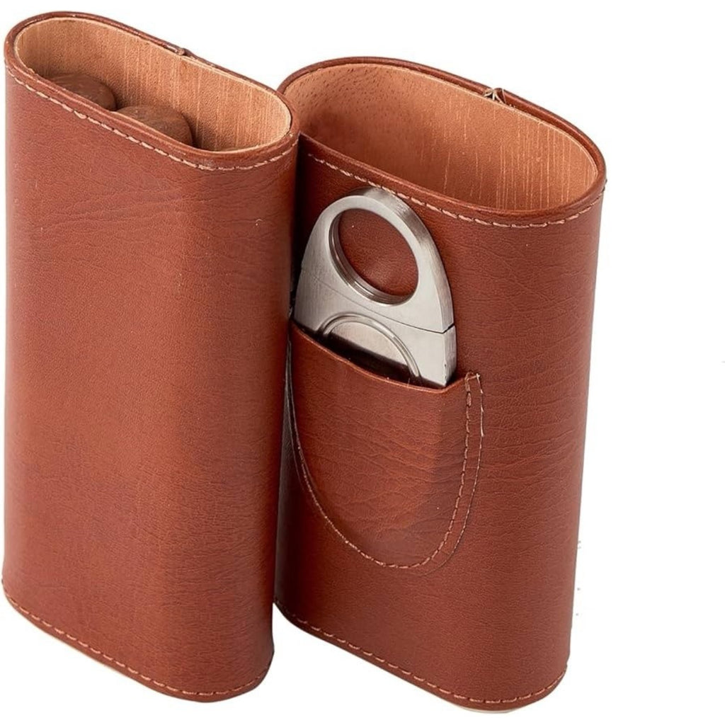 Cedar Lined Cigar Humidor Case Set 3-Pack Travel Leather with Cutter – Gift