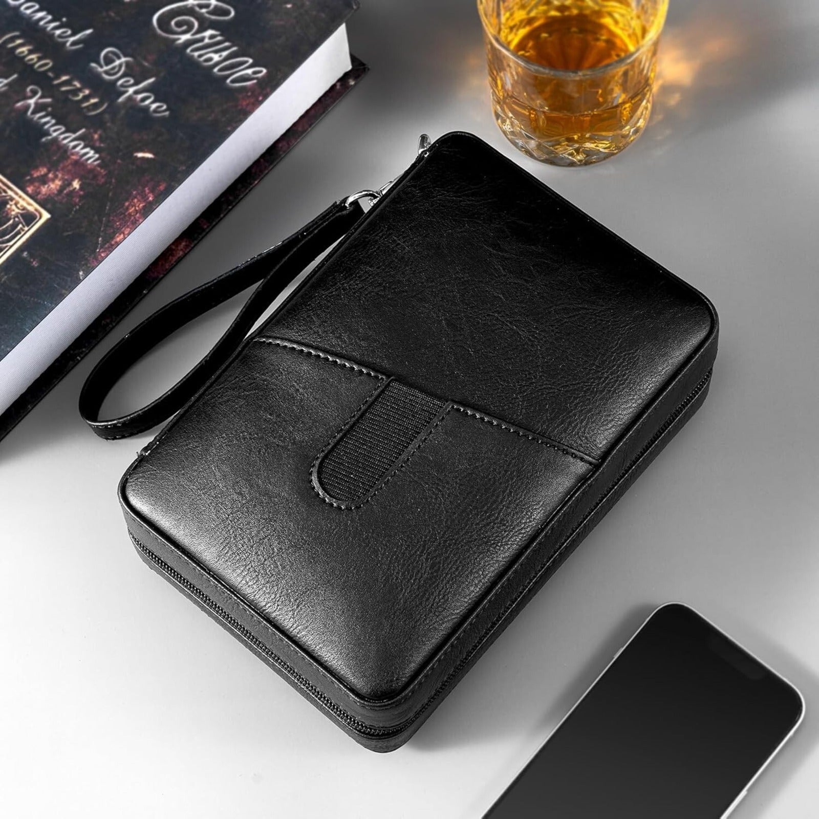 Cigar Humidor Cedar Wood Lined Leather Cigar Case Capacity 6 pcs Built in Hygrom