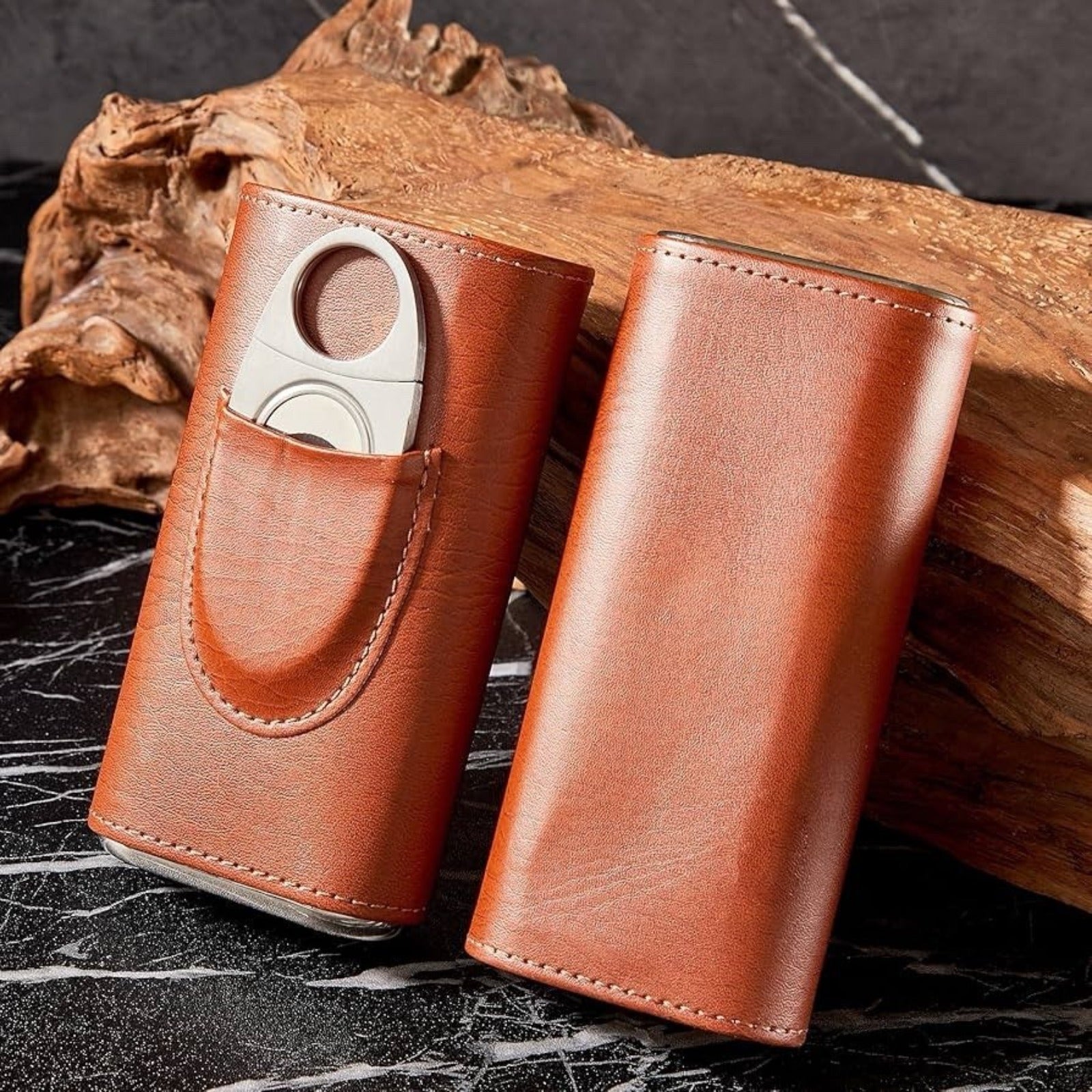 Cedar Lined Cigar Humidor Case Set 3-Pack Travel Leather with Cutter – Gift