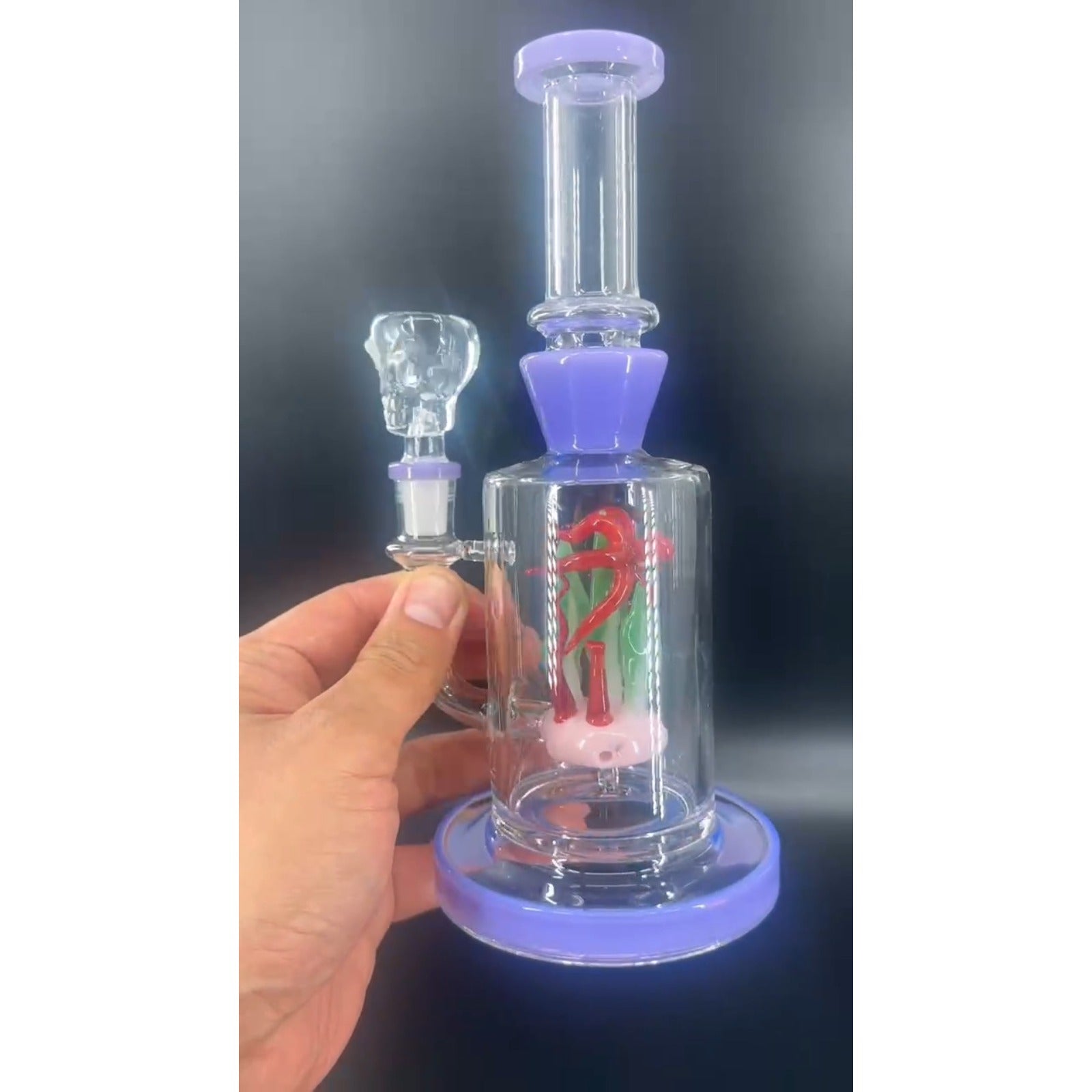 9" Purple & Red Recycler Glass Bong Water Pipe with 14mm Bowl