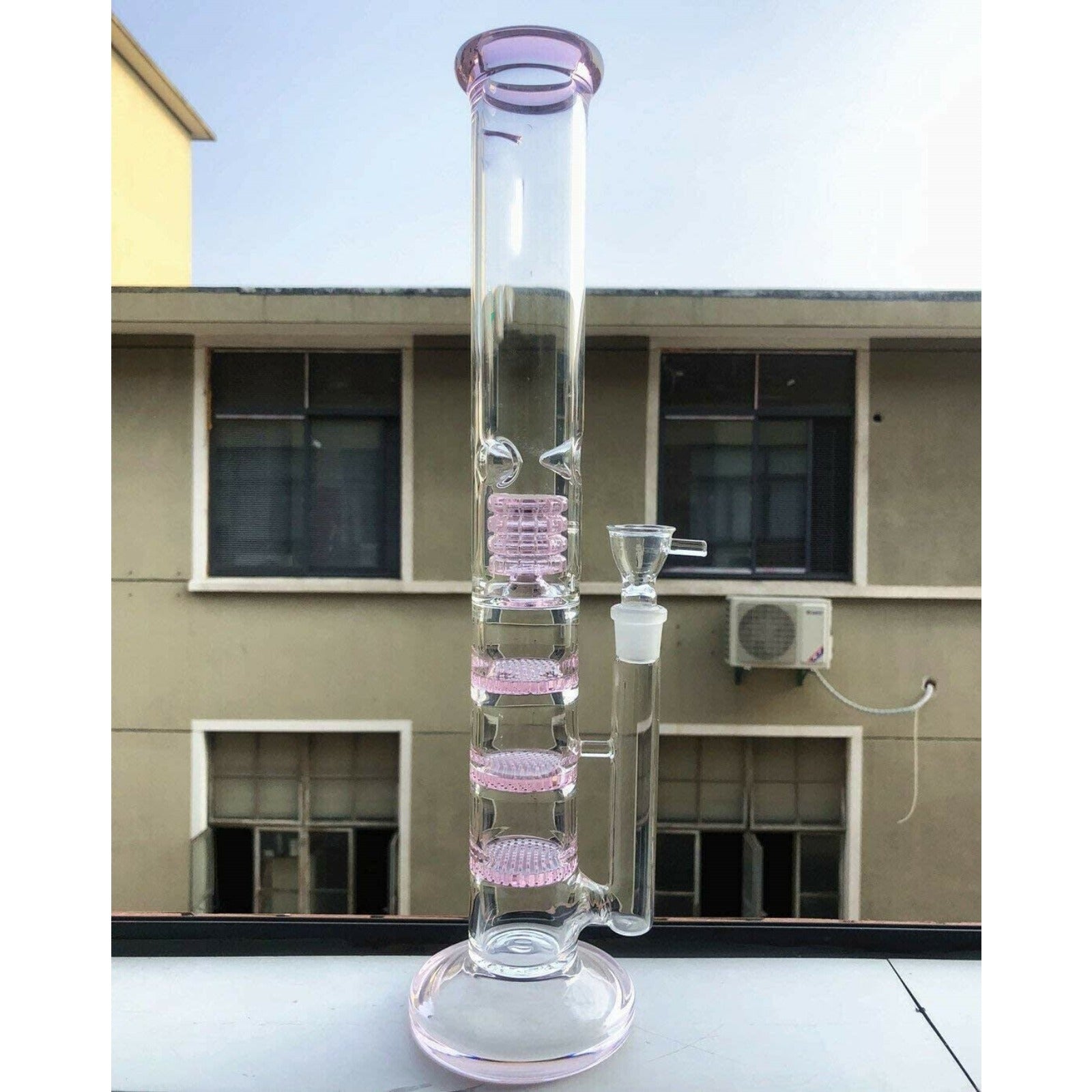 16.5" Pink Glass Bong Hookahs Honeycomb Percolator Water Pipe Bowl for Smoking