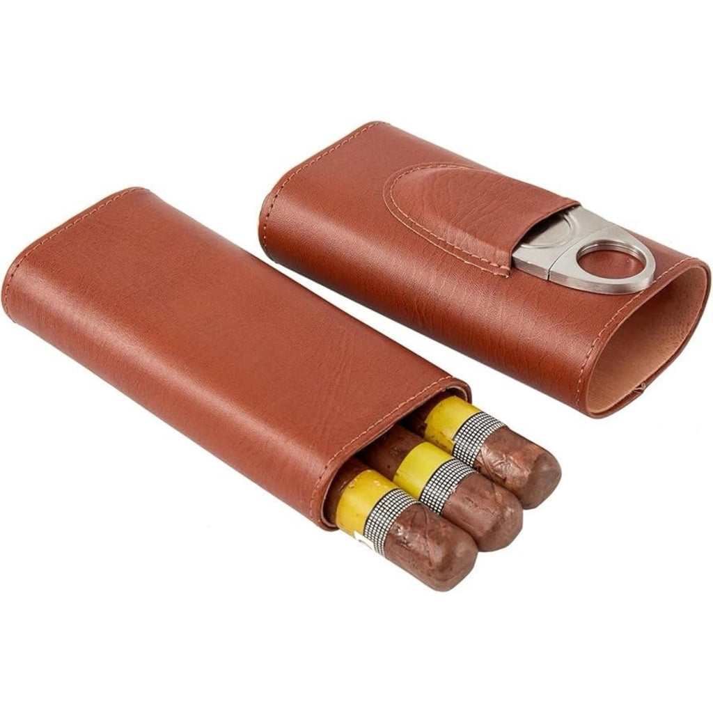 Cedar Lined Cigar Humidor Case Set 3-Pack Travel Leather with Cutter – Gift