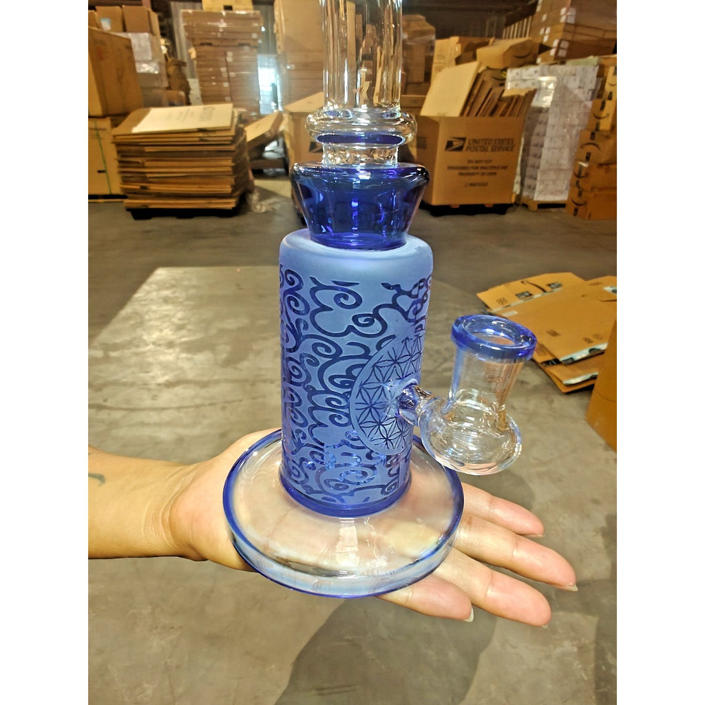 10" Carved Craft Glass Bong Water Pipe 14mm Bowl Frosted Blue – Stylish & Artist