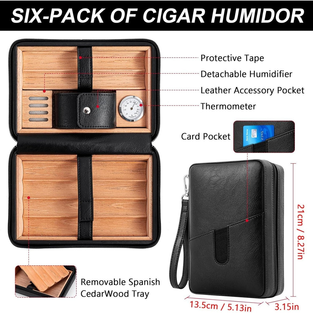 Cigar Humidor Cedar Wood Lined Leather Cigar Case Capacity 6 pcs Built in Hygrom