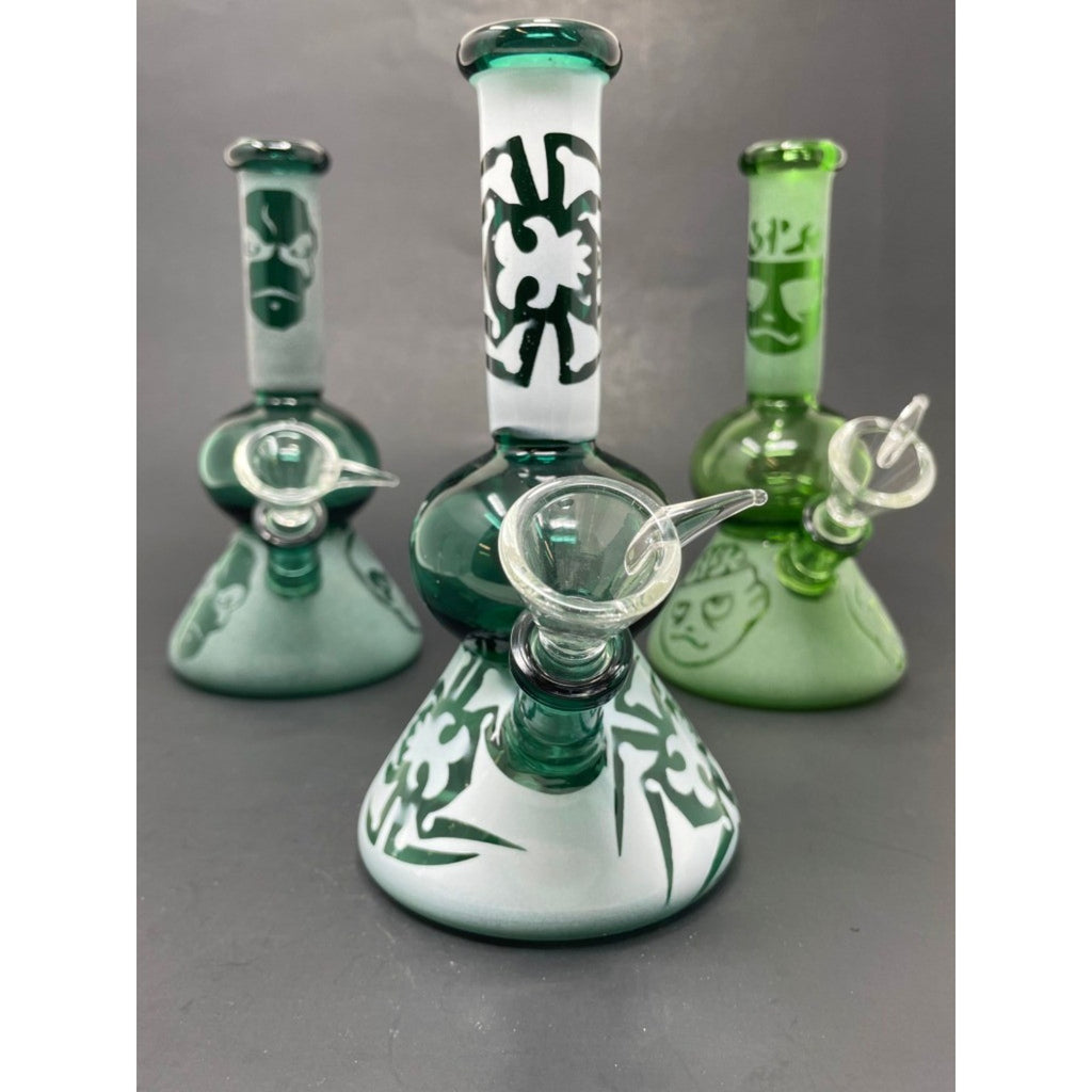 Hookah Water Pipe Glass 7" Assorted Aqua/Green Sandblasted Design Bongs