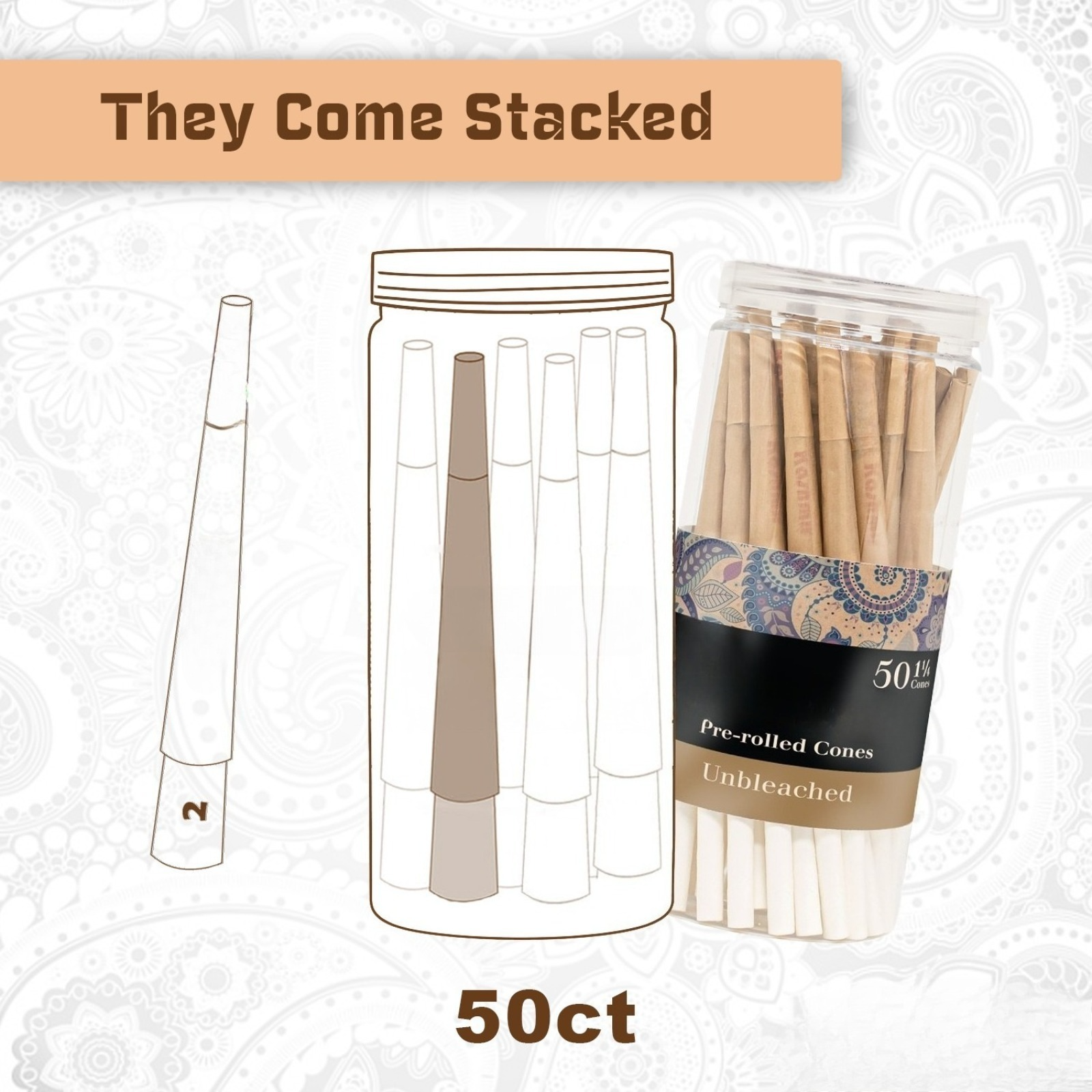 Pre-Rolled Cones Unbleached Classic 11/4 Size 50 Pack Natural Rolling Papers