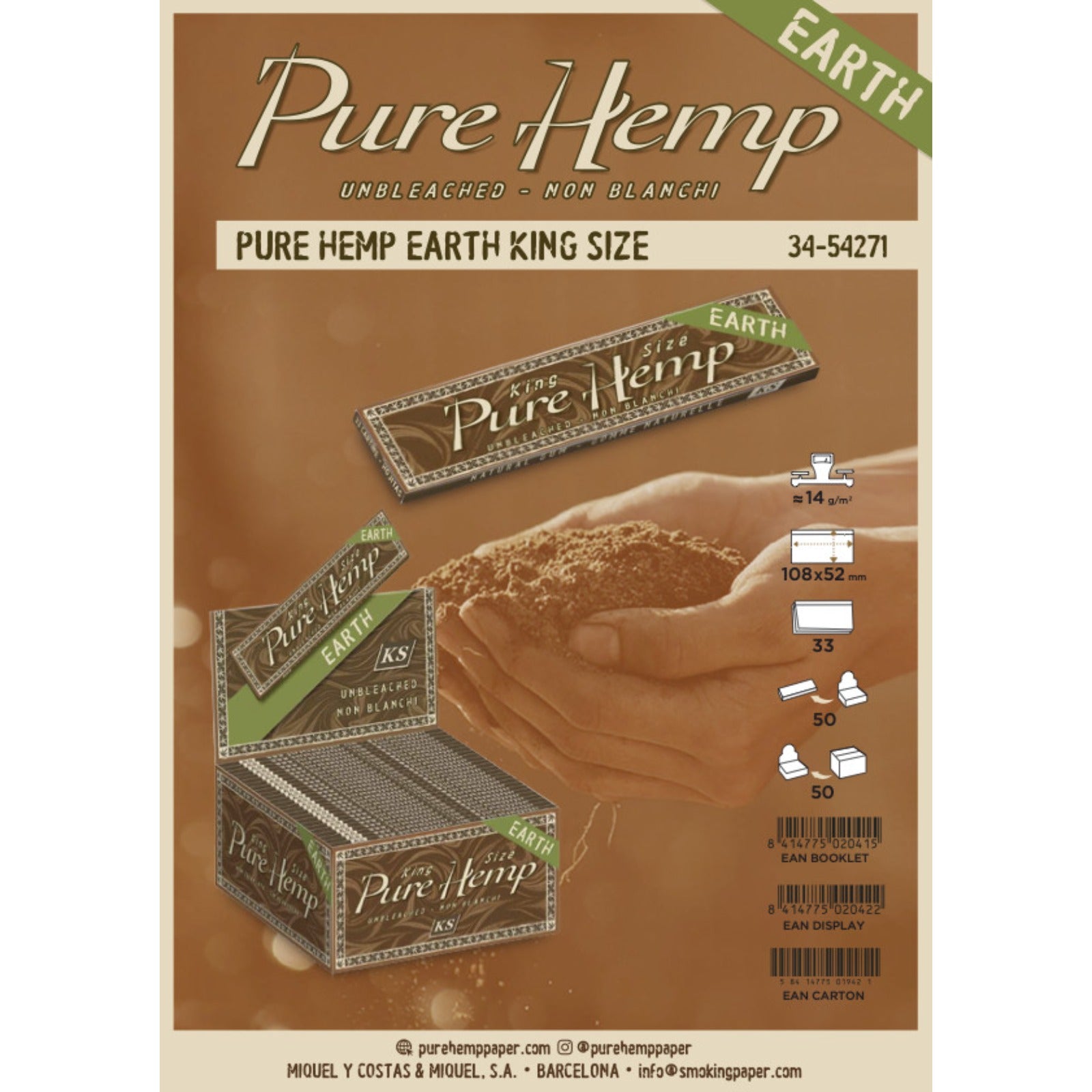 Pure Hemp Rolling Paper Earth King Size Cigarette Papers 110mm (Display of 50)