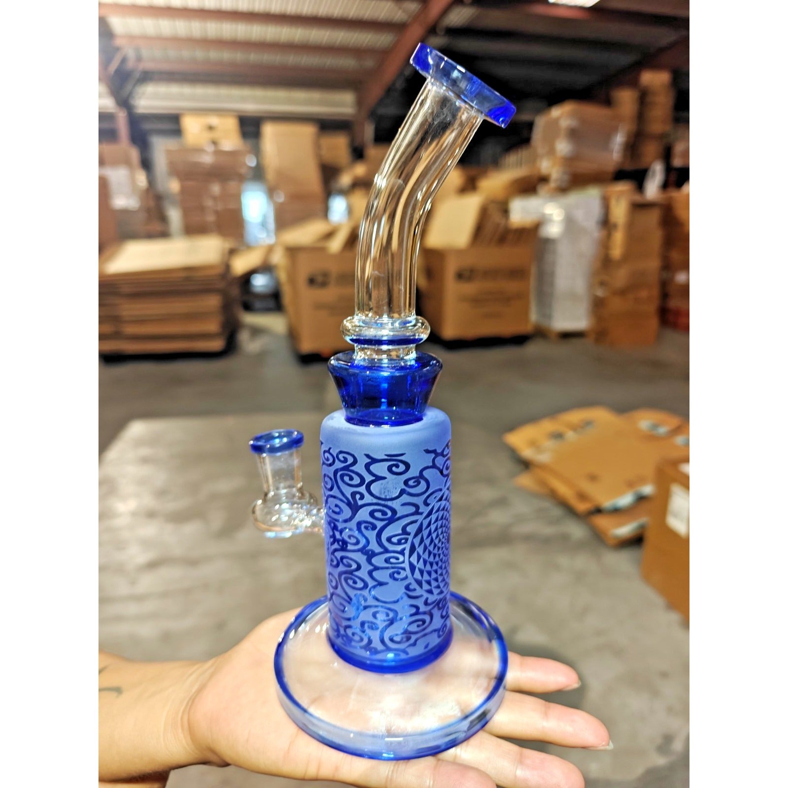 10" Carved Craft Glass Bong Water Pipe 14mm Bowl Frosted Blue – Stylish & Artist