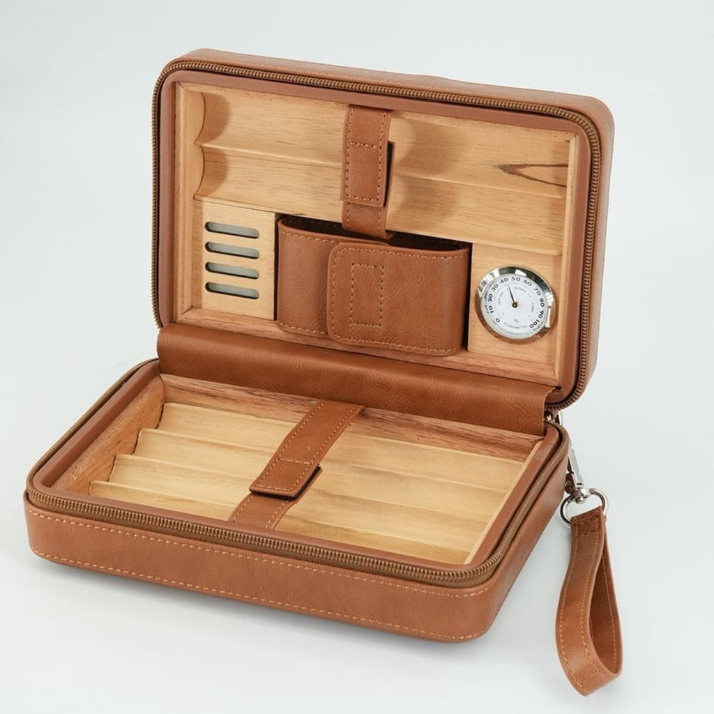Leather Cigar Case, Portable Humidor Cigar Box With Humidifier,Capacity