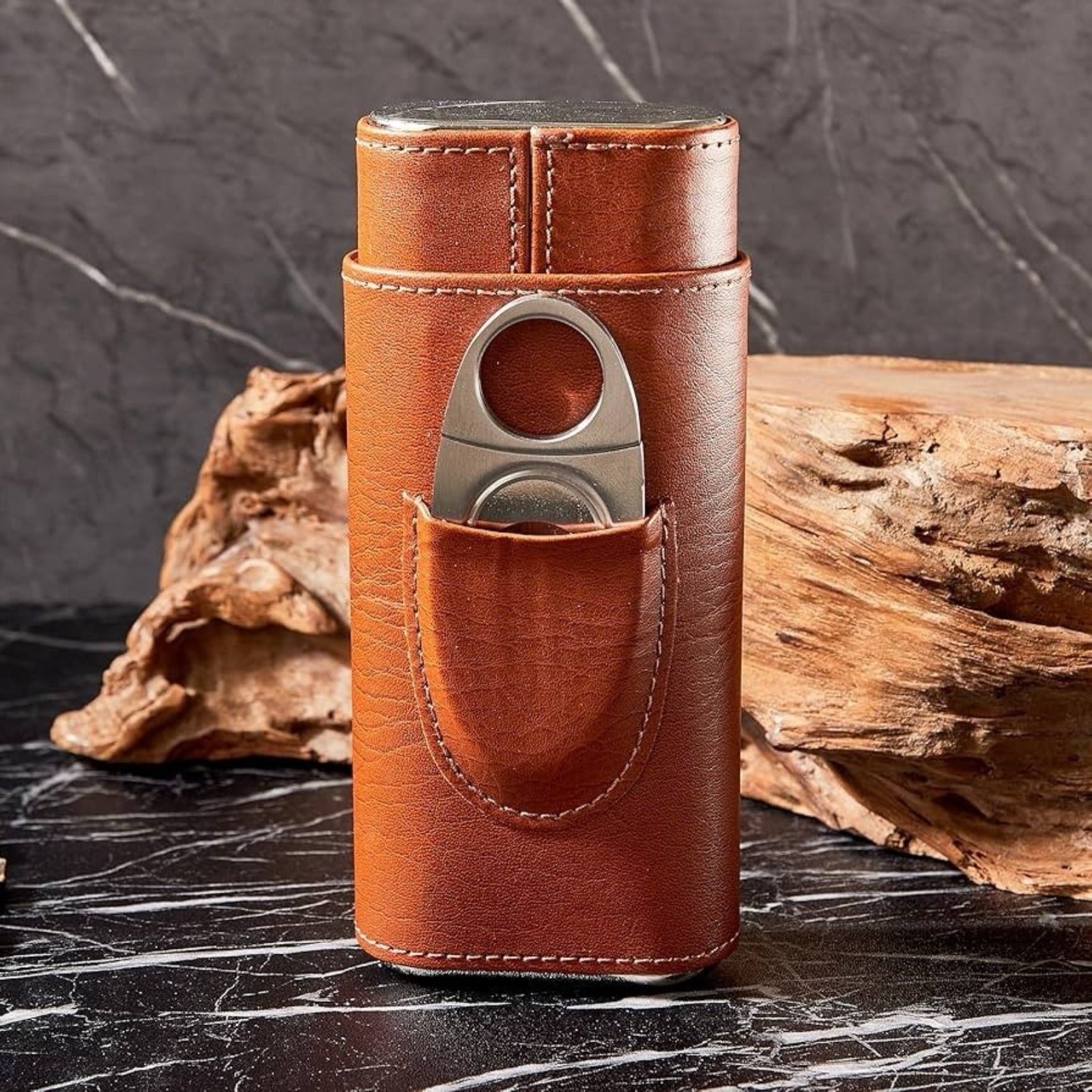 Cedar Lined Cigar Humidor Case Set 3-Pack Travel Leather with Cutter – Gift