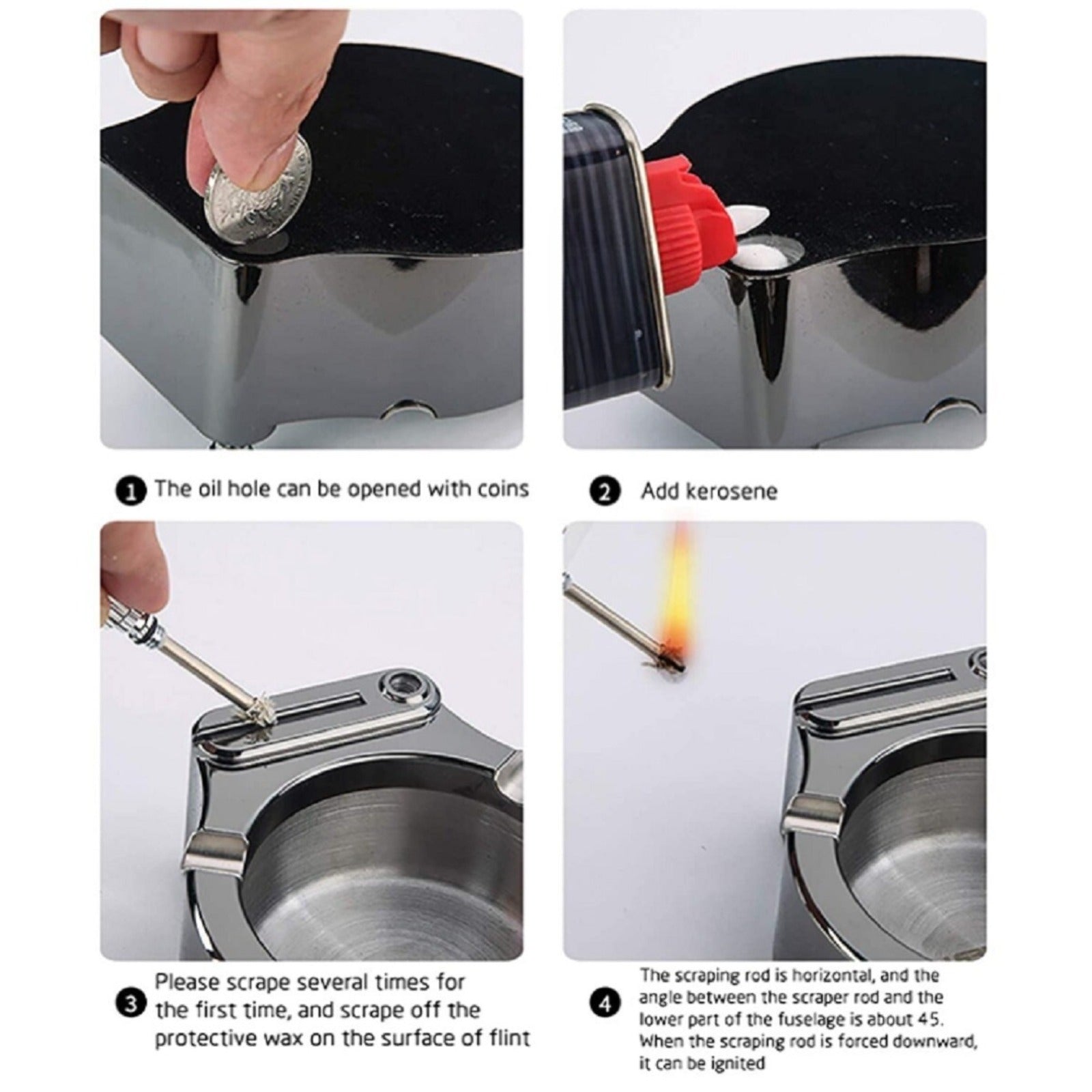 Retro Metal Ashtray w/ Match Lighter 10K Style Refillable Multi-Function Tray