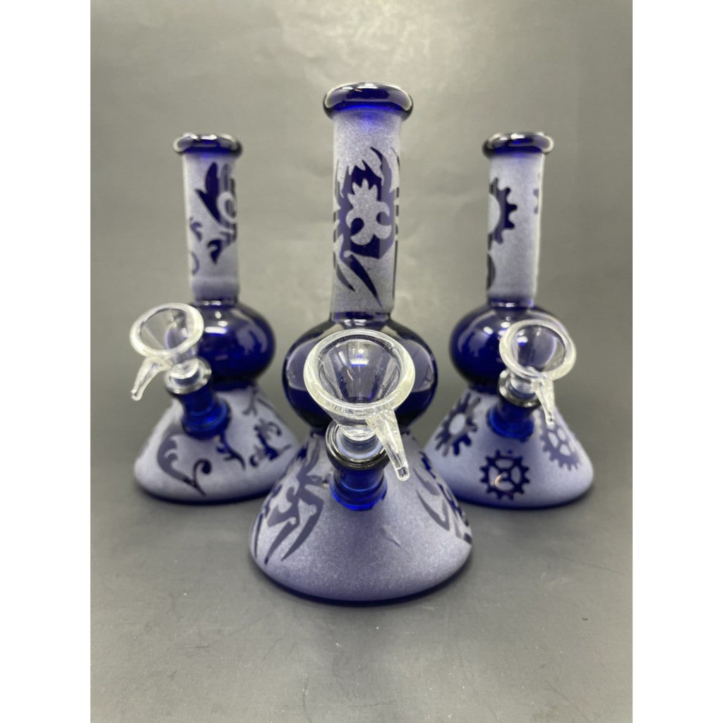 Hookah Water Pipe Glass 7" Blue Sand Blasted Assorted Designs Halloween Bong